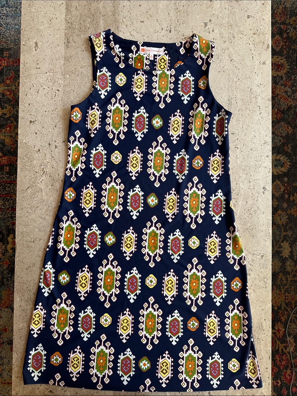 Navy Sleeveless Dress with Colorful Geometric Print